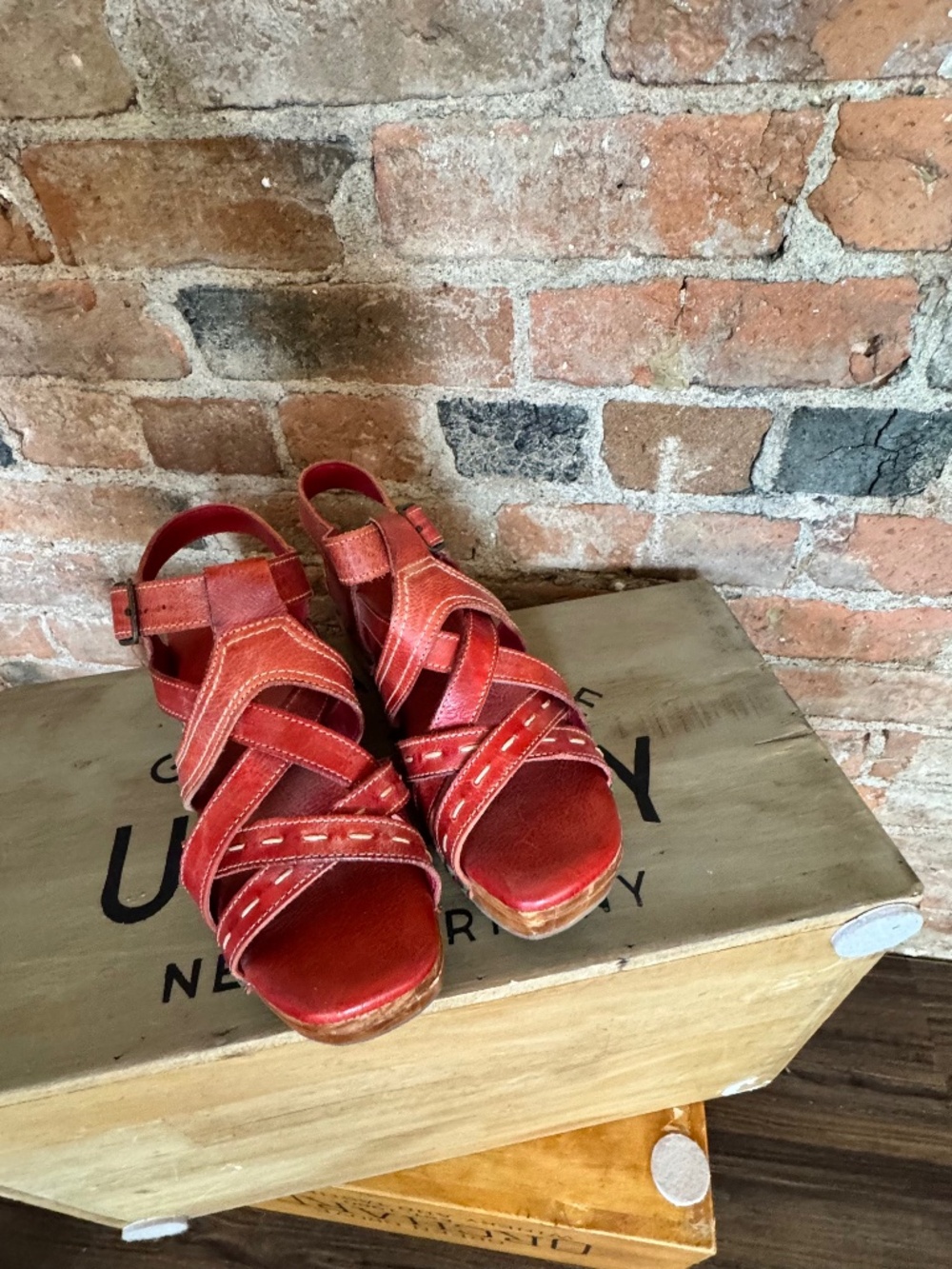 Bed Stu “Shirley” strawberry red leather platform sandals.